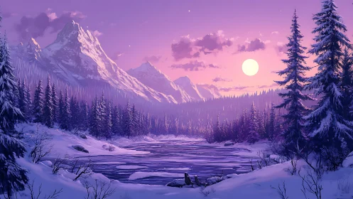 Snowy mountain forest at pink winter sunset over river.