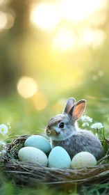 Gentle spring bunny resting in a nest of speckled eggs.