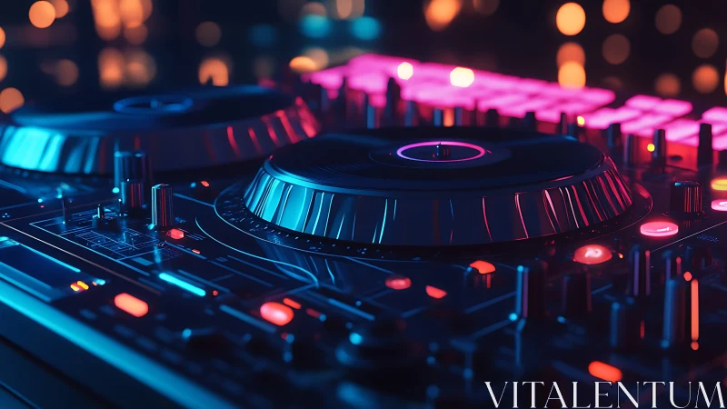 RGB-lit DJ controller close-up with dual jog wheels and bokeh.