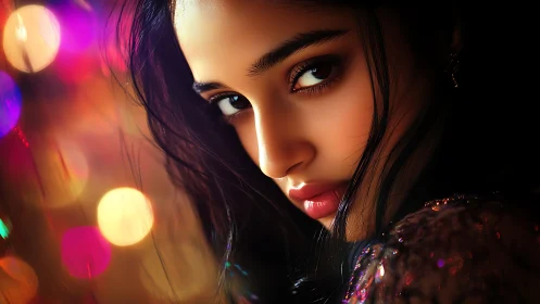 Gaze in neon bokeh, close-up portrait with cinematic light.