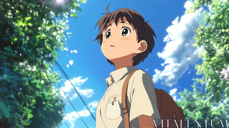 Anime summer street scene with contemplative schoolboy focus.
