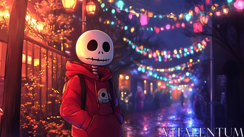 Hooded skeleton figure under multicolored lantern street scene.