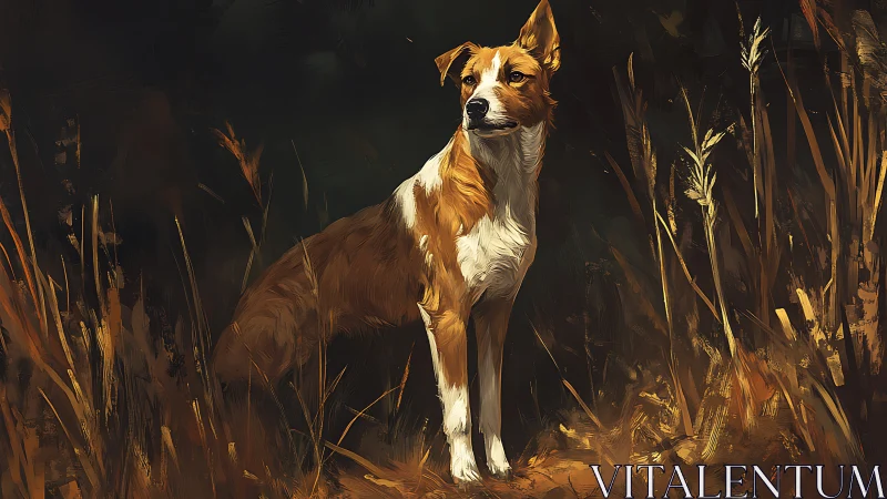Canine sentinel in autumnal grassland, high-chroma digital rendering.
