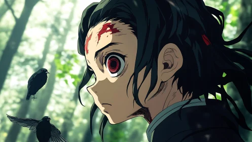 Forest-marked warrior listening to omen crows breathe.