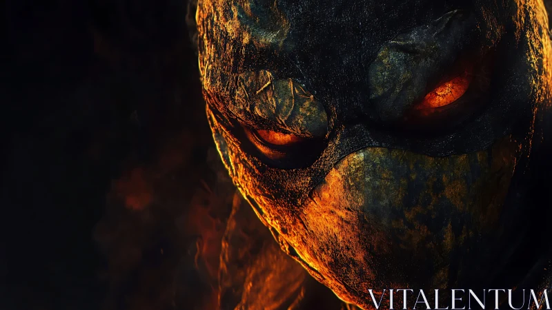 Burning masked warrior portrait in molten shadows close-up.