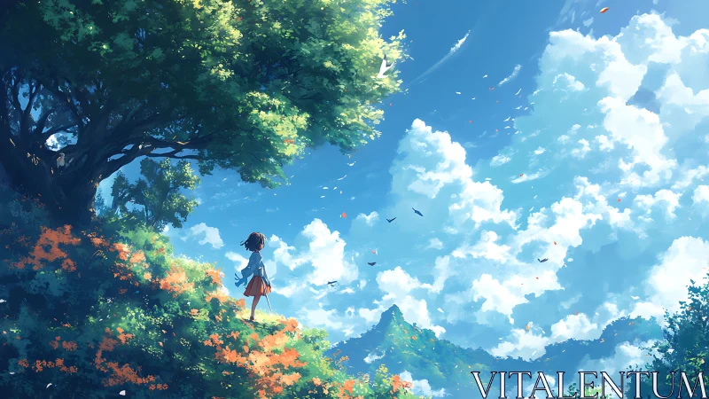 Sunlit hillside with girl gazing into drifting summer sky.