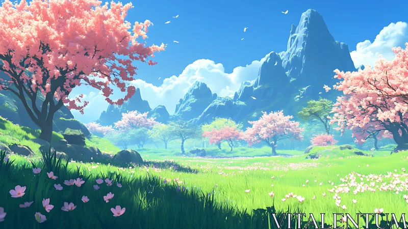 Serene valley of cherry blossom trees under blue sky.