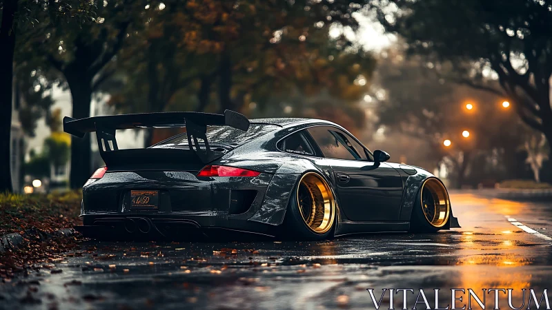 Widebody Porsche coupe on wet urban street at dusk.
