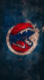 Distressed circular emblem with stylized red fanged mouth overlay