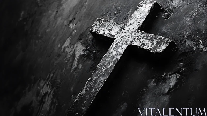 Weathered stone cross on dark textured wall surface.