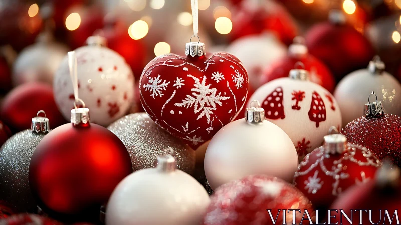 Red and white Christmas baubles glow in warm festive light