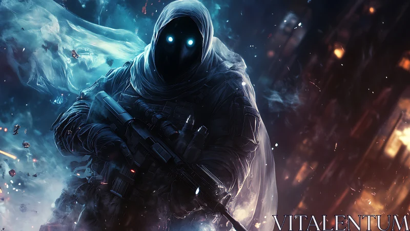 Mysterious hooded soldier strides through glowing cosmic storm