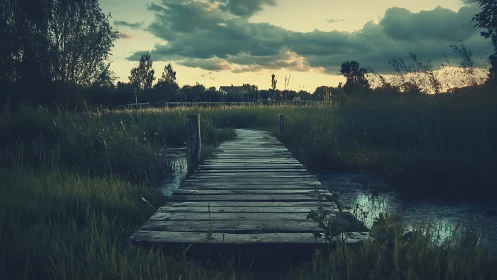 Weathered wooden pier at dusk across reflective marshland.
