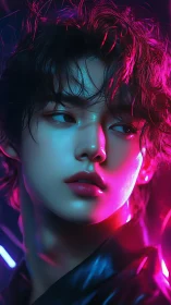 Neon-lit androgynous portrait in high-contrast close-up view.