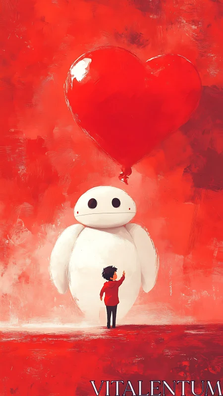 Ethereal Connection: Child and Oversized Companion. Heart Balloon Ascends.