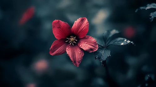 Red Flower Emerges Through Misty Garden Backdrop with Dew Drops