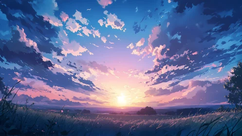 Digital landscape shows sun over horizon beneath stratified sky