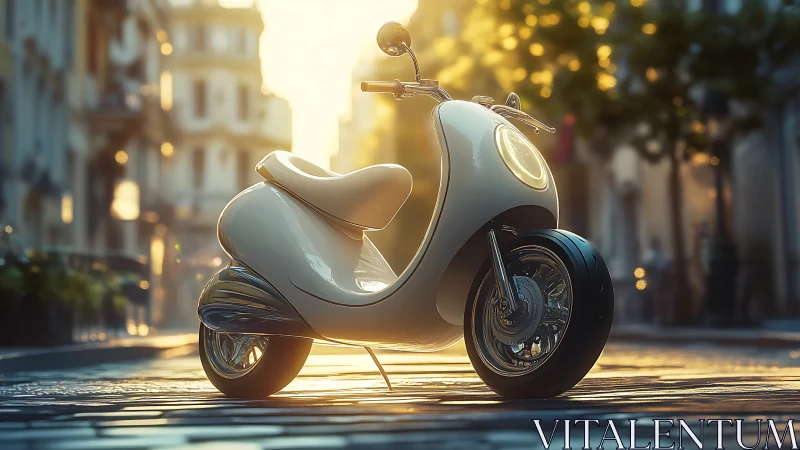 Futuristic white scooter stands on sunlit cobblestone street