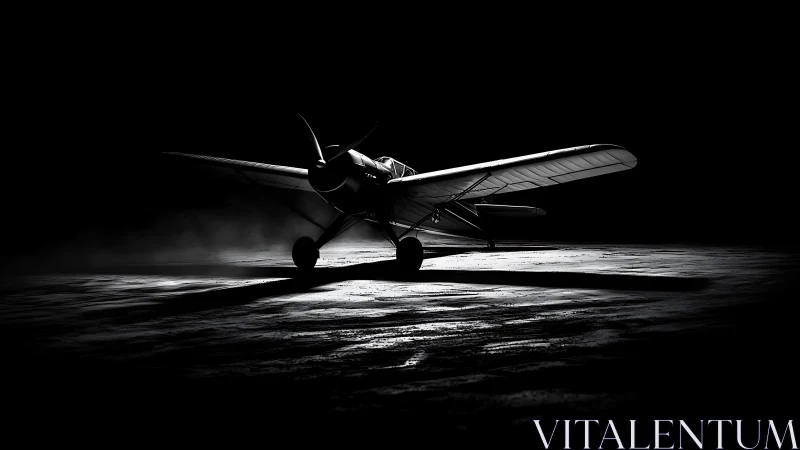 Lone prop plane waits in noir-lit runway shadows before dawn.