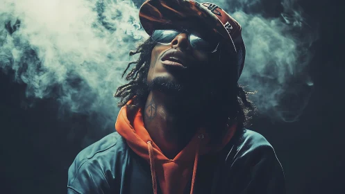 Backlit urban portrait isolates subject in dramatic smoke haze