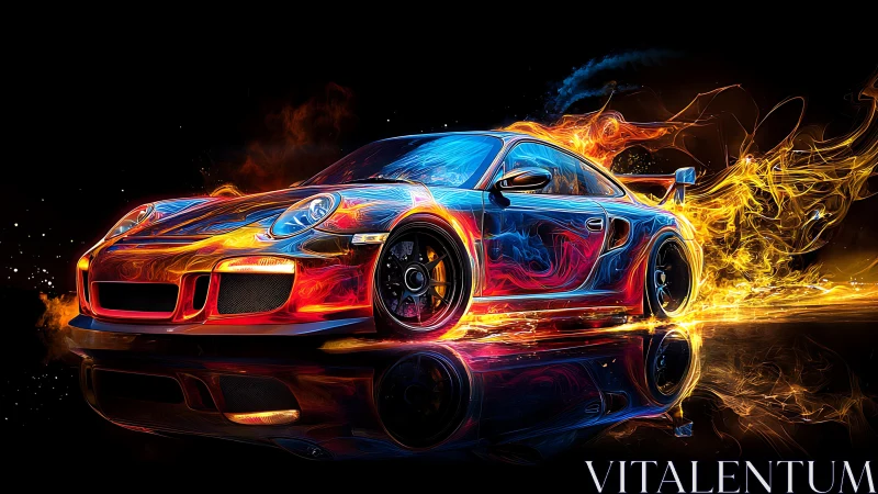 Neon sports car wrapped in dynamic blue and orange fire trails.