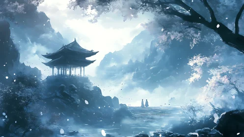 Atmospheric mountain pavilion with spectral mist diffusion.