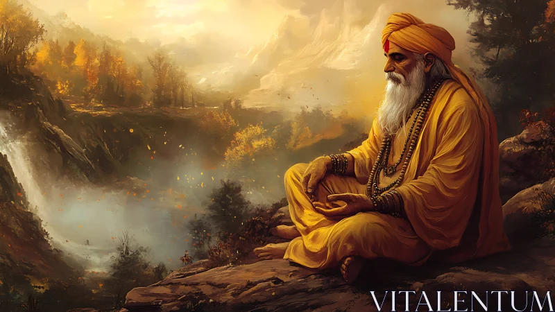 Meditative sage in golden Himalayan valley atmosphere.
