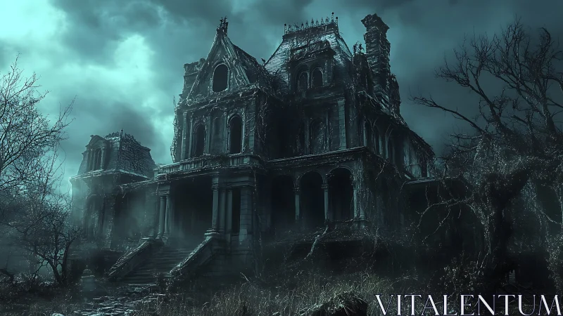 Moonlit ruin where the haunted manor exhales cold secrets.