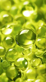 Glowing green bubbles dance in a softly lit abstract world