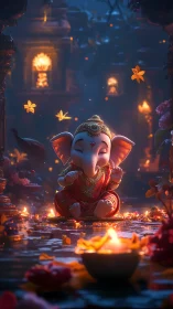 Baby Ganesha meditates amid temple lamps and flowers