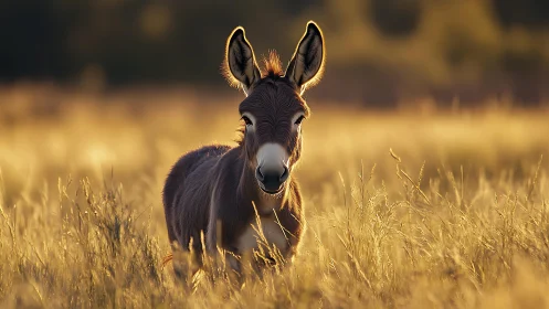Young donkey in golden backlit field with shallow depth of field
