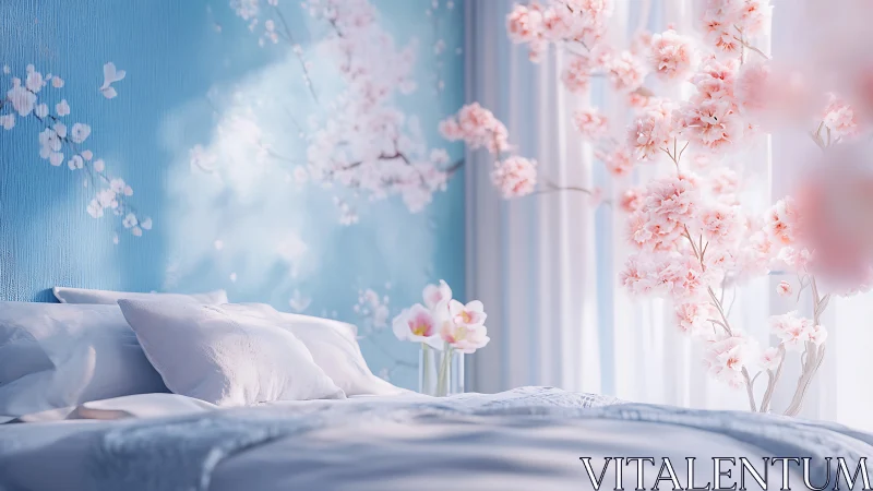 Soft-focus bedroom interior with pastel cherry blossoms and diffuse light