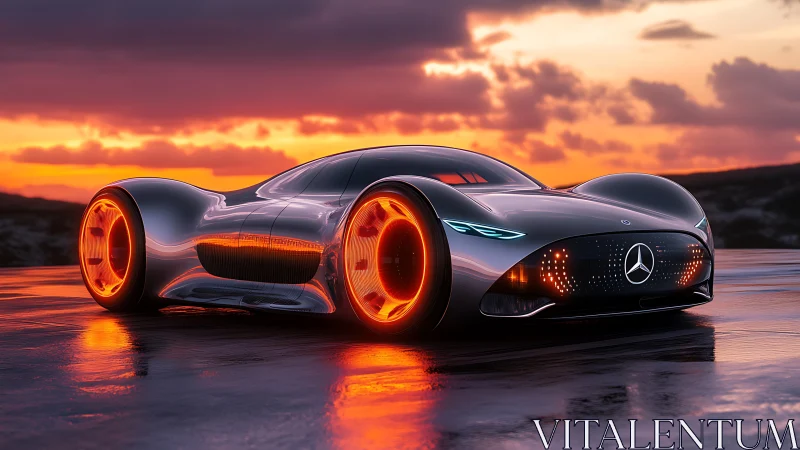 Futuristic concept supercar with neon wheels at sunset