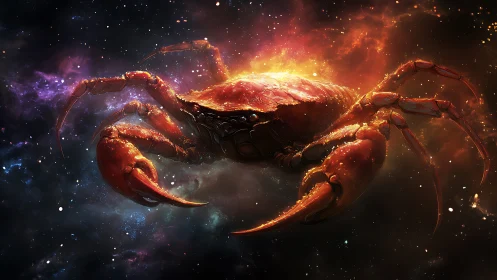 Cosmic cybernetic crab drifts through blazing nebula sky.