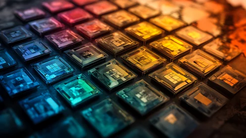 Colorful circuit tiles glowing in a warm digital grid.