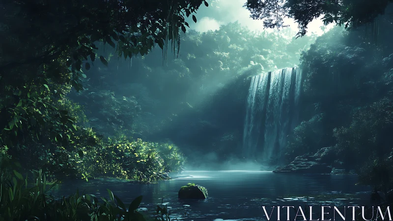 Calm rainforest waterfall with mist over shaded pool.
