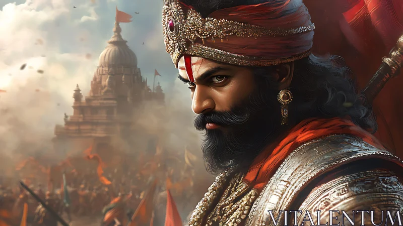 Armored warrior in jeweled turban before distant temple scene.