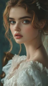 Portrait of young woman in lace dress with soft lighting.