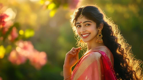 Sunlit saree twirls catch a smile woven from golden hour