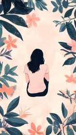 Seated figure is centered within symmetrical floral framing