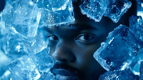 Portrait study with crystalline ice framing intense gaze.