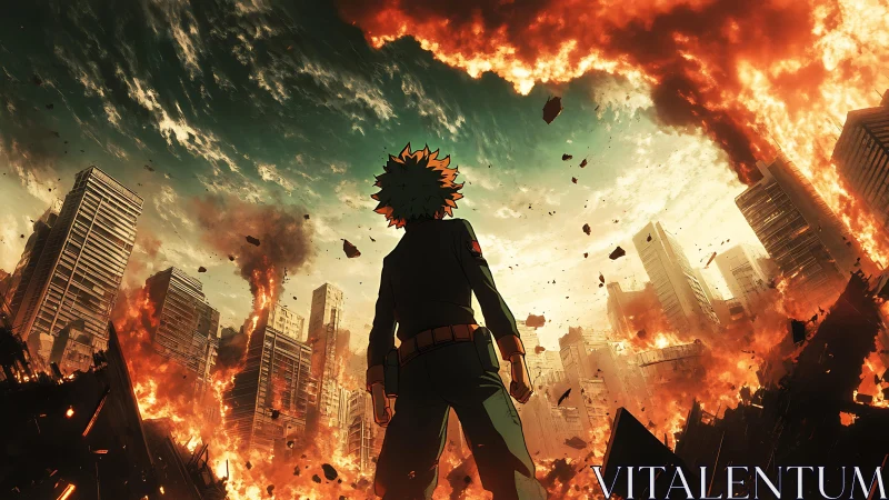 Young hero stands firm amid a burning, collapsing city.