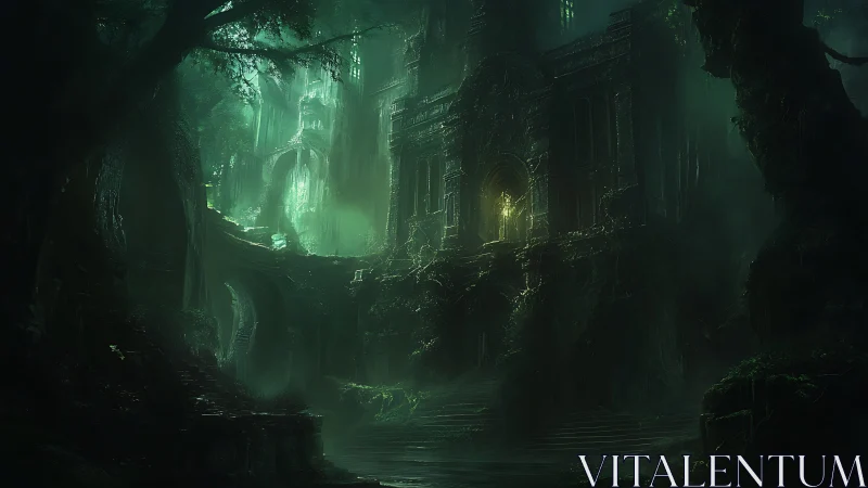 Ancient moss-covered temple rendered in moody green chiaroscuro
