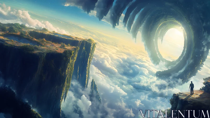 Silhouette observes spiral cloud portal above floating cliffs