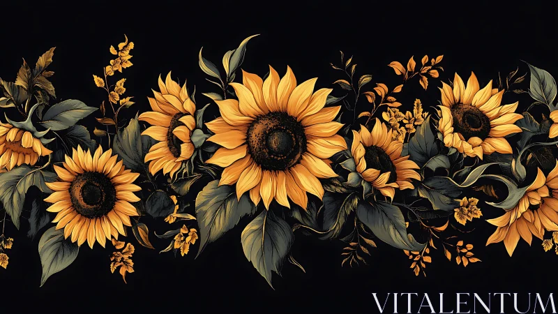 Golden Sunflowers Against Black Background.