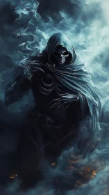 Hooded skeletal wraith emerges from swirling blue smoke