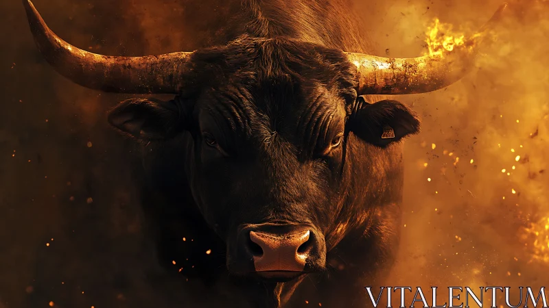 Fiery bull emerges through swirling flames and sparks.