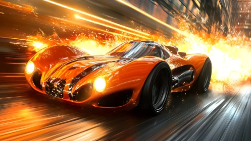 Futuristic orange supercar explodes through neon city street