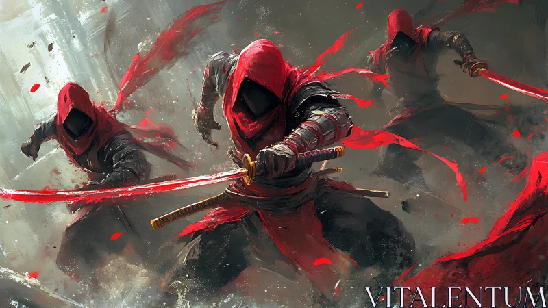 Hooded red ninjas charging with drawn katanas in battle.