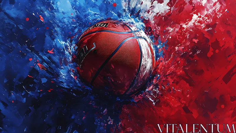 Basketball erupts through red blue paint in kinetic splash.